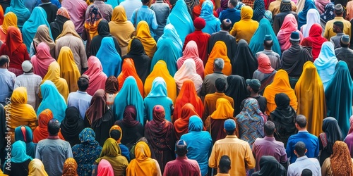 A large crowd of people wearing colorful clothing and turbans