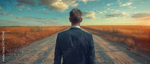 Businessman faces a decisionmaking dilemma at a fork in the road. Concept Decision making, Dilemma, Businessman, Fork in the road, Path to success
