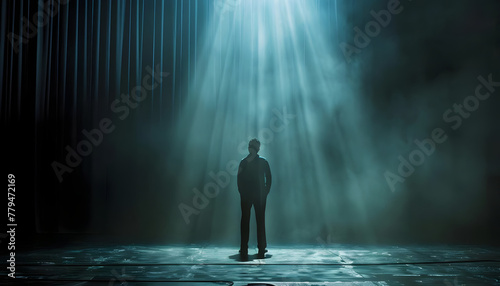 Icon of an actor rehearsing for a play when suddenly the stage lights flicker and go out leaving Generative AI