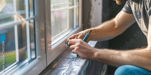 A man is working on a window, using a marker to write on the plastic covering