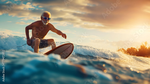 An older man in a swimsuit surfs on a wave. The sun sets in the background, creating a warm and relaxing atmosphere.