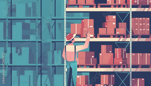 Icon of a warehouse worker stacking boxes on a high shelf when suddenly one of them starts to tee Generative AI