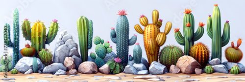 A close up of a group of cactus plants on a white background, et of Colorful Cute Kawaii Green Tropical Cacti 