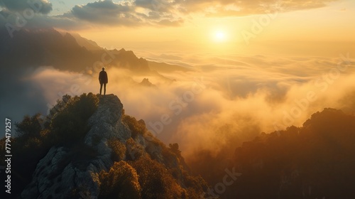 Silhouette of a person standing on a mountain peak at sunrise with clouds below.