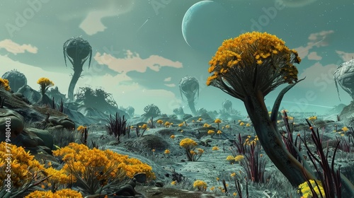 An alien landscape filled with strange flora and fauna AI generated illustration