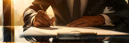 Sunlit Businessman Navigating Crucial Clauses with Precision The Art of Contract Evaluation, Business Precision: Sunlit Executive Engaged in Contract Evaluation