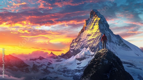 A mountaineer reaching the summit of a snow-capped peak at sunrise a metaphor for achieving ones highest goals