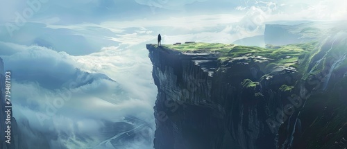 A person overcoming their fear of heights by standing at the edge of a cliff facing the vast landscape