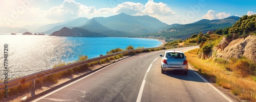 car driving on the summer road near ocean side. vacation sunny road car concept. banner