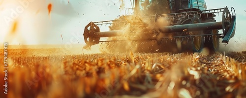 Modern combine or harvester in sunny backlight on gold field. copy space for your text