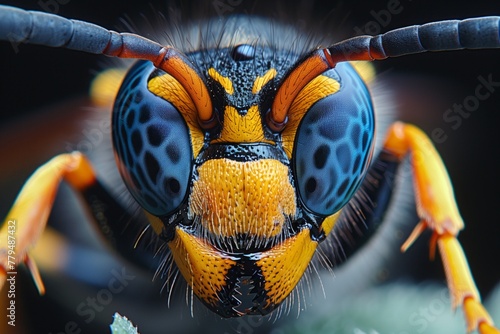 A macro photograph of an arthropods face, a colorful wasp, shows intricate details of its membranewinged insect anatomy. Closeup reveals its unique features as a terrestrial organism