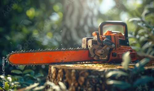 chainsaw on a stump, depicting deforestation, forestry work or tree-cutting activities and equipment usage