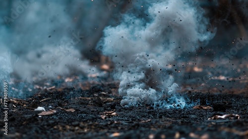 Mysterious smoke tendrils rise from the ground. A detailed capture of smoke and ash particles against a shadowy background, conveying a sense of enigma.