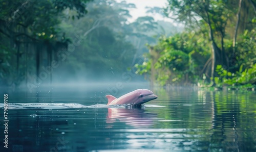 rare pink dolphin surfacing in the misty waters of a tropical rainforest river