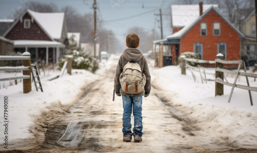 Young boy is going to school with school bag during winter
