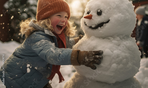 Cute little girl is building an amazing snowman