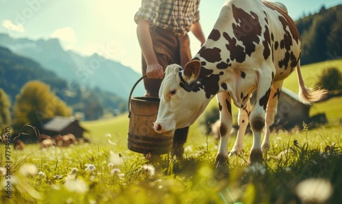 Farmer milking a cow on beautiful meadow. Wooden bucket for milk in his hands
