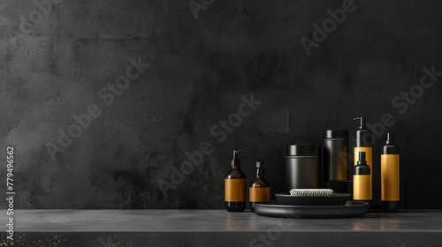 Sleek black dark cement wall in a modern studio, providing a minimalist backdrop for displaying products with ample free space