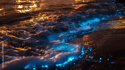 blue bioluminescent water waves at the beach. 