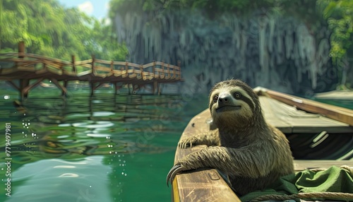 Sloth on a pontoon boat, realistic , cinematic style.
