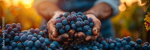 Close-up of Farmer Hands Picking Up Grapes, Hands of male farmer harvesting grapes from vineyard
