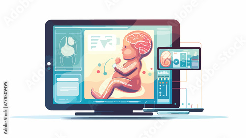 Tablet PC and hologram of human fetus above the scree