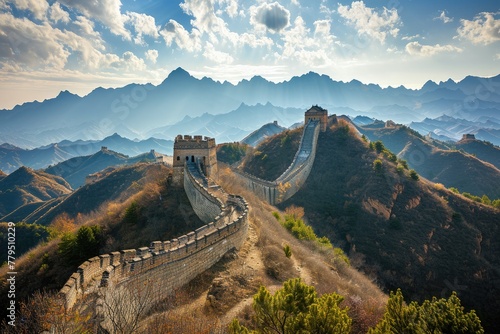 Great Wall of China, The Great Wall of China snaking through mountains under a blue sky, AI generated