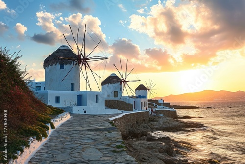  The iconic windmills of Greece at sunset, AI generated