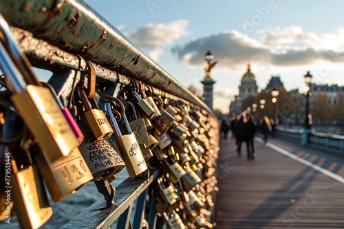 The romantic Pont des Arts bridge in Paris with love locks, Ai generated