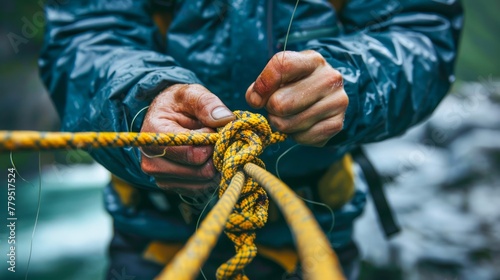 Close up of Adventurer Tying Knot in Yellow Rope During Rainy Weather Outdoors, Concept of Safety and Preparedness in Extreme Conditions