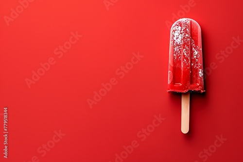 red bright popsicle stick ice-cream isolated on red background strawberry bubble gum taste, card with copy space, top view 
