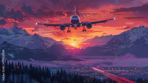 Airplane taking off against a backdrop of a vibrant sunset and snowy mountains