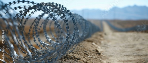 A close up of a barbed wire fence on the side of dirt road. Generative AI.