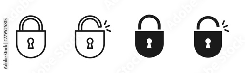 Lock or padlock vector icon set. Security protection keyhole sign. Safety password confidential symbol. Privacy access or permission isolated illustration. Line, outline, filled black web buttons.