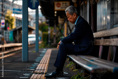 Contemplative Moment at Station. A Japanese businessman, sits in quiet reflection on a bench at a train station, embodying a moment of urban solitude