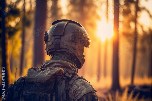 AI generated military man in forest at sunset