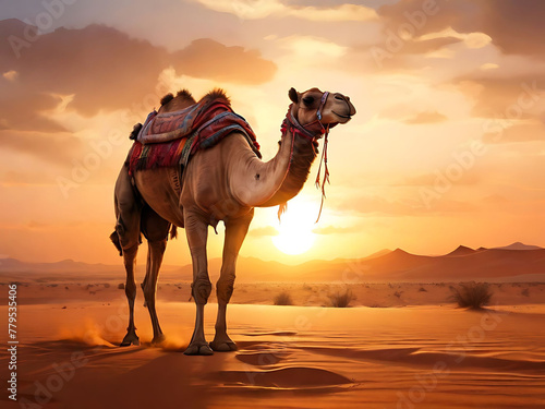 A Camel Walking in Desert. Generative AI