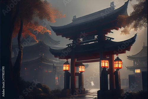 AI generated illustration of a Japanese shrine with glowing lamps at night - a religious concept
