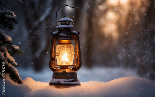 Glowing lantern on a snowy evening against a defocused forest background, symbolizing warmth and winter magic