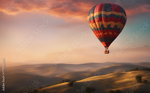 Hot air balloon in the sky at dawn against a soft, pastel background, symbolizing freedom and adventure