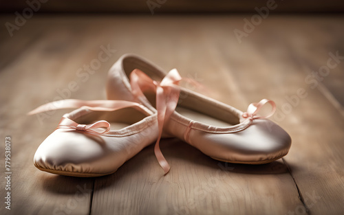 Pair of ballet slippers on a wooden floor against a soft, neutral background, symbolizing dance and grace.