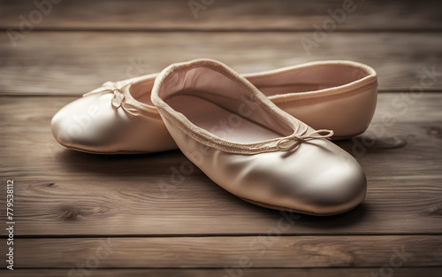 Pair of ballet slippers on a wooden floor against a soft, neutral background, symbolizing dance and grace.