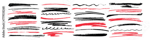 Doodle vector hand drawn scribble, strikethrough, charcoal wavy underline and crayon strokes. Black and red grunge pencil highlight lines, chalk squiggles and marker strip isolated on white background