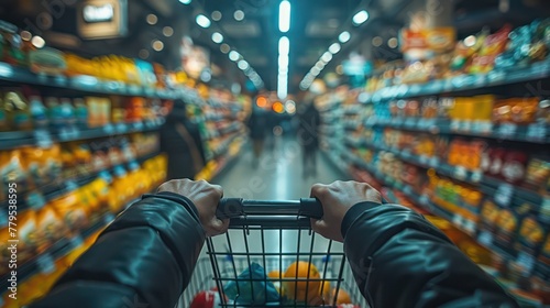A Person pushing a shopping cart, grocery store aisle, everyday life, focus on hands and cart