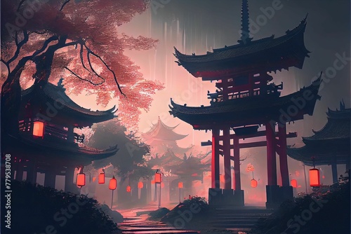AI generated illustration of hyper-realistic torii gates and lit lanterns in the evening