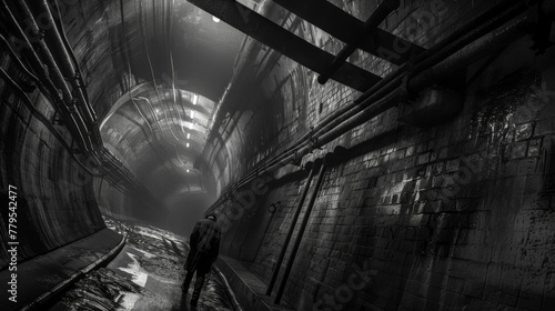 Mysterious figure walking in dark urban tunnel