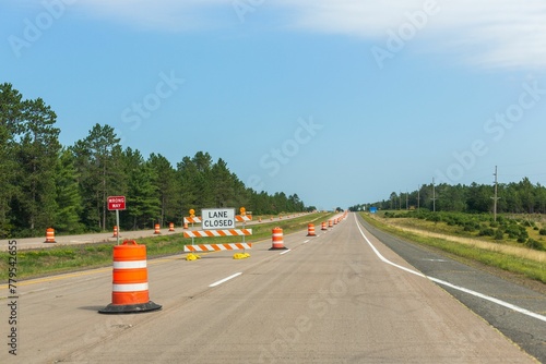 Road construction in Wisconsin on a sunny day, USA