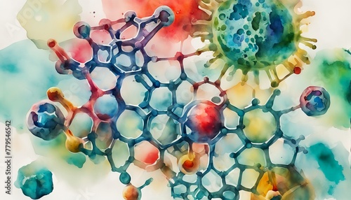 Abstract watercolor illustration representing a molecular structure and virus, symbolizing themes like health, science, and World Health Day