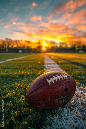 A closeup of an american football on a football field