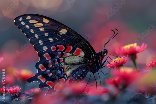 Close up butterfly on flower on blurred floral background 